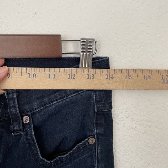 Free People Wide Leg Jeans Flare Size 27 Dark Wash Blue Raw Hem Mid Rise Stretch - Picture 7 of 8